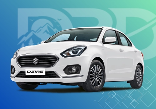 White Maruti Suzuki Swift Dzire sedan available for taxi rental in Guwahati